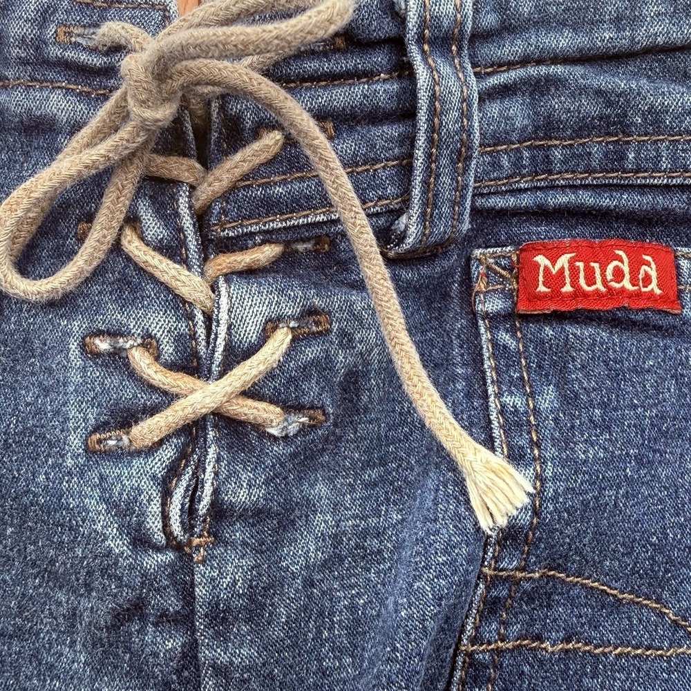 Vtg Y2K Mudd Lace Up Side Flare Jeans Size 16 Blue Dark Wash Boho Festival Bell - Picture 8 of 13